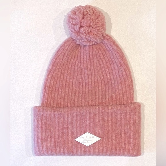 New Rag & Bone Superfine Merino Wool Pink Beanie Hat with Pom - Picture 3 of 15